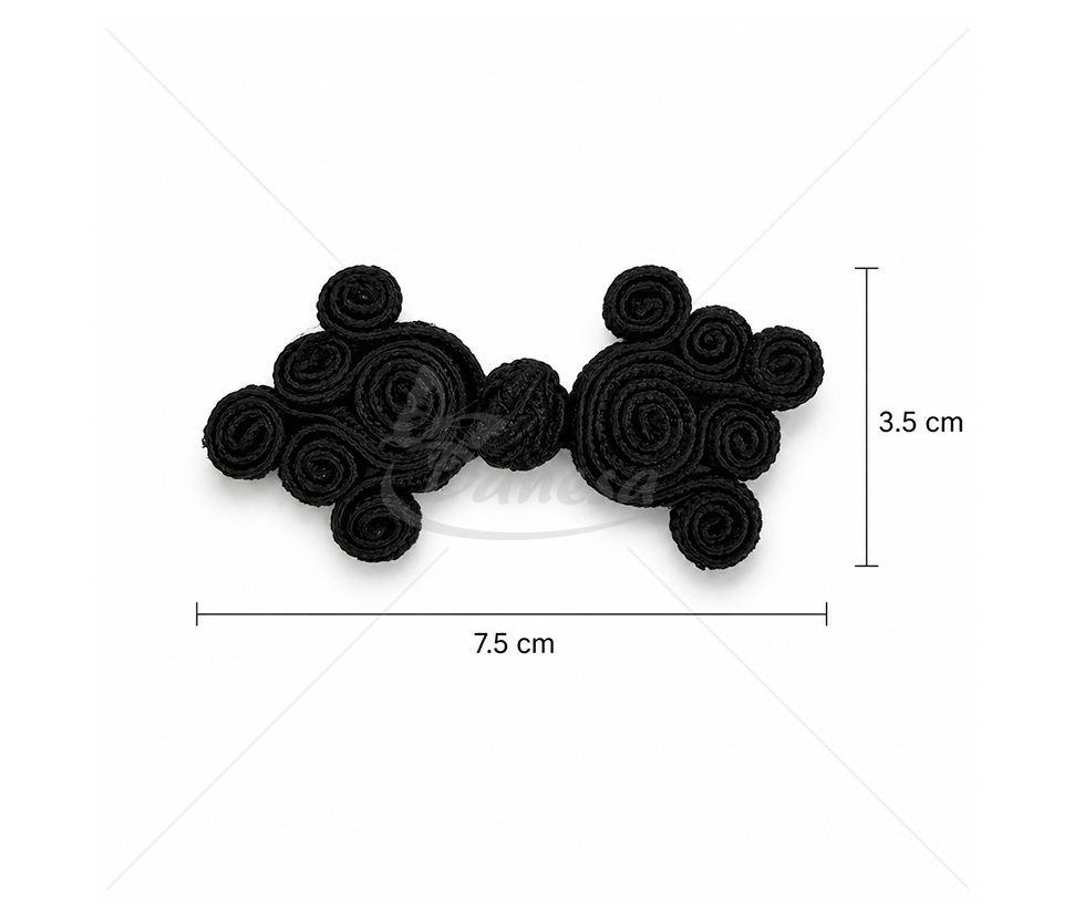 Black Decorative Cord Closure for Clothing (Approx. 7.5 × 3.5 cm)