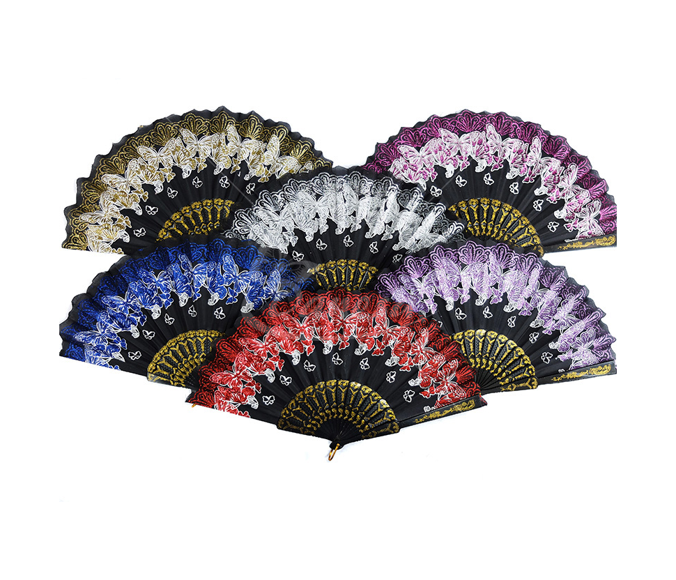 Black Decorative Hand Fan with Shiny Multicolor Butterfly Patterns