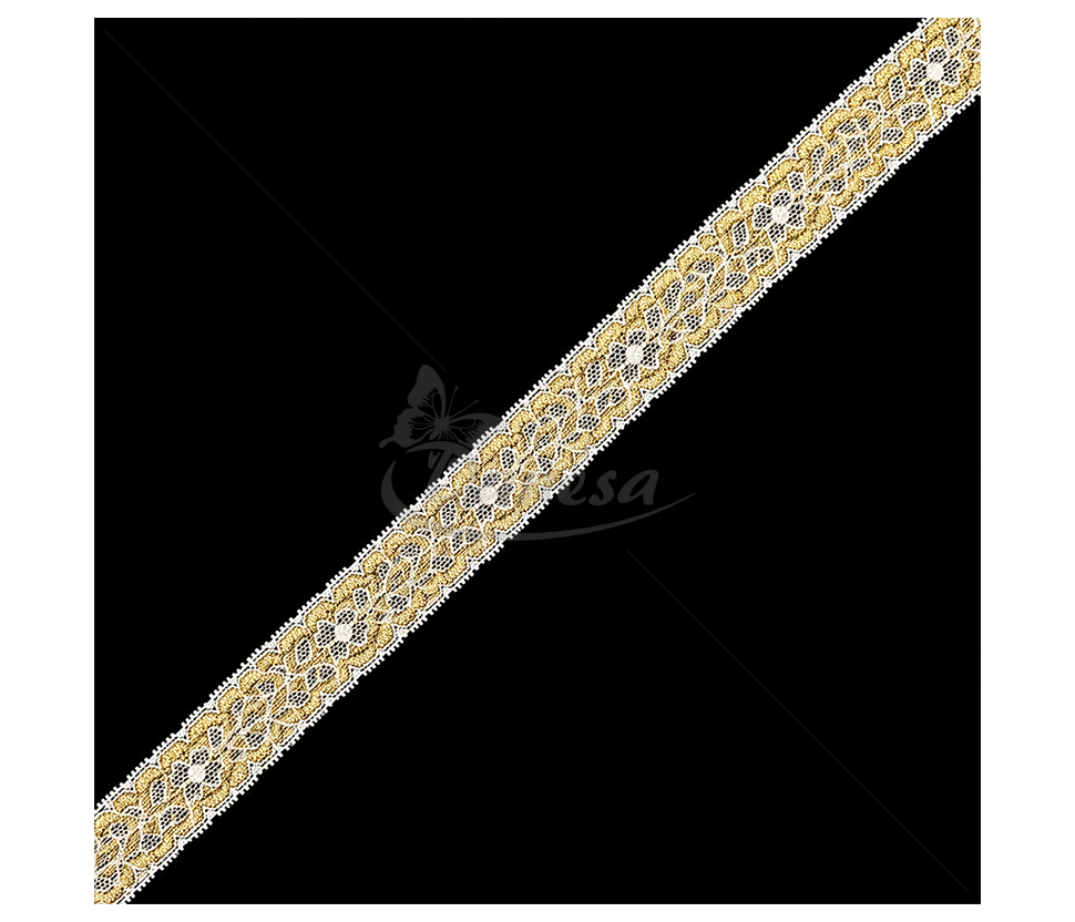 Stretch Synthetic Lace with Floral Pattern and Gold Decorative Threads, 25 mm