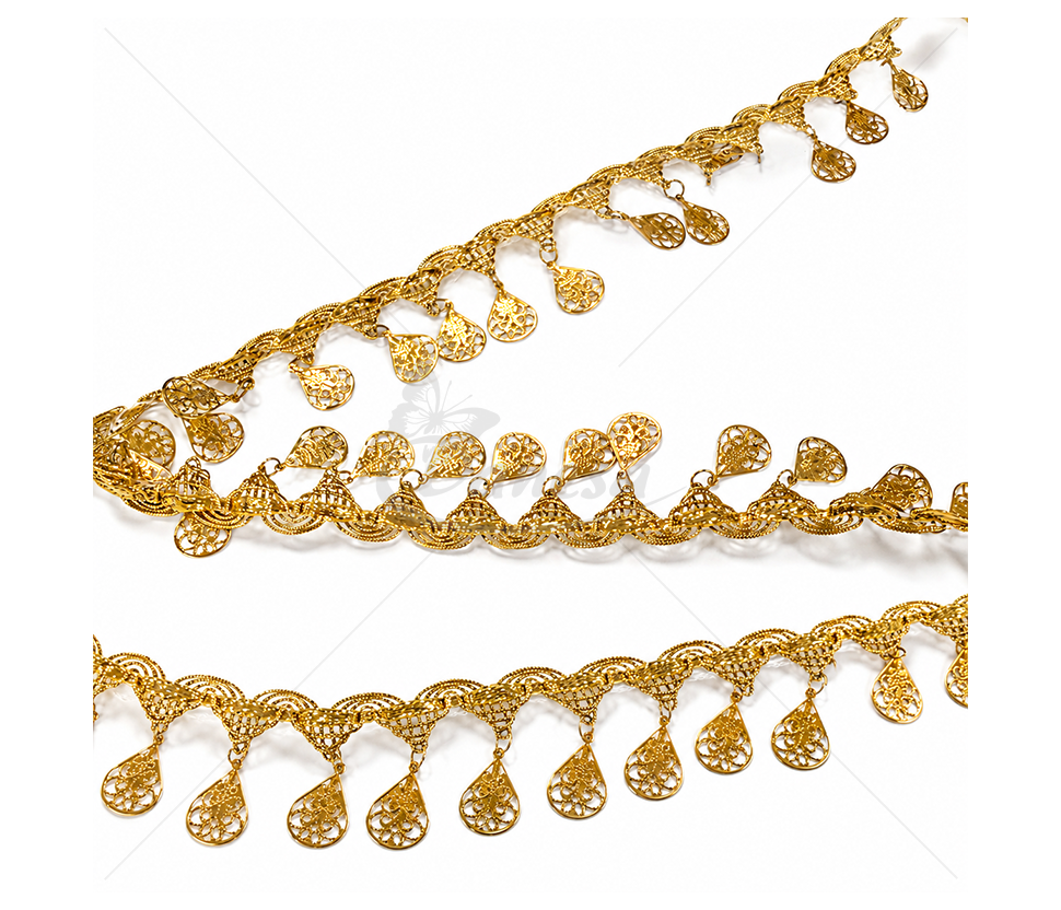 Dekoratyvinė auksinė juostelė su kabančiais ornamentais