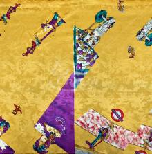 Natural silk in coupons, various print, yellow color