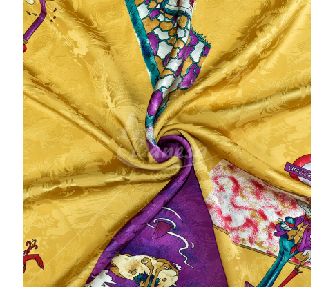Natural silk in coupons, various print, yellow color