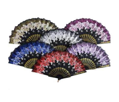 Black Decorative Hand Fan with Shiny Multicolor Butterfly Patterns