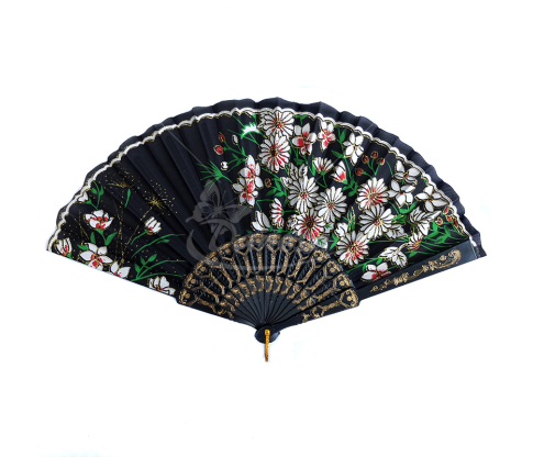 Black Decorative Hand Fan with White Floral Pattern
