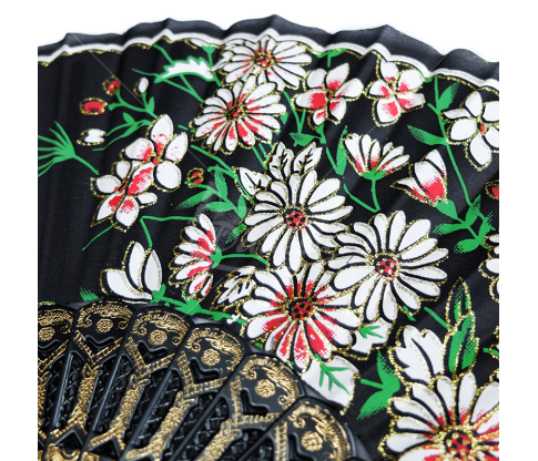 Black Decorative Hand Fan with White Floral Pattern