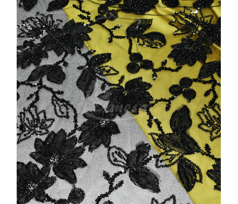 Tulle, embroidered with sequins and beads with a floral pattern, black color 