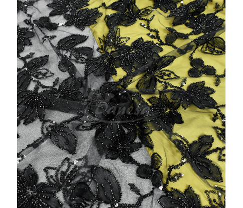 Tulle, embroidered with sequins and beads with a floral pattern, black color 