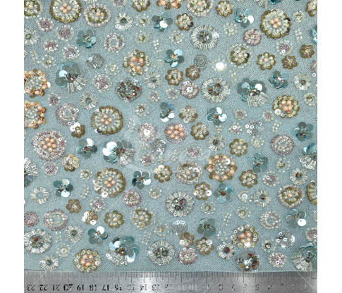 Tulle, embroidered with sequins and beads, light blue color 