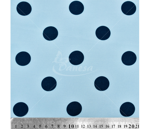 Satin weave viscose fabric, light blue with dark blue polka dots