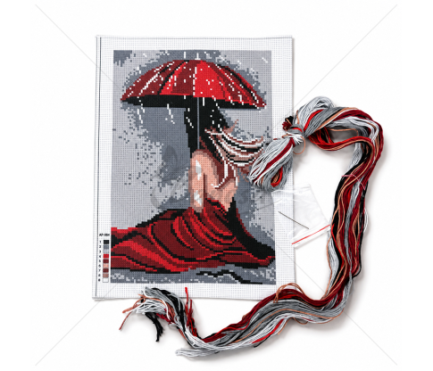 Siuvinėjimo kryželiu rinkinys „Moteris su raudonu skėčiu“ 21 × 29,5 cm