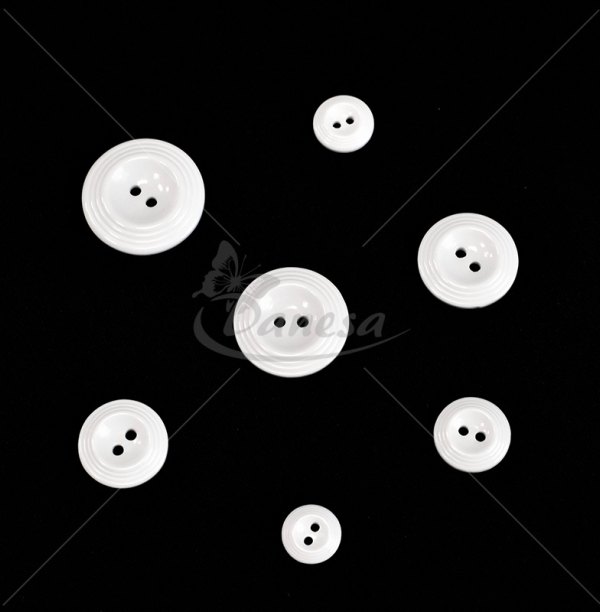 White domed two-hole round sewing buttons 18L–40L