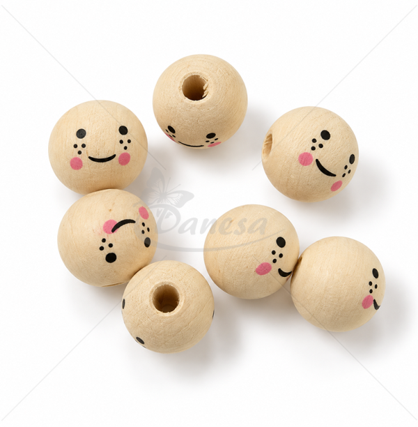 Natural Wooden Beads with Painted Face 16 mm