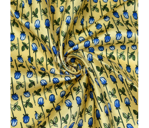 Natural silk in coupons, "Blue tulips", yellow color