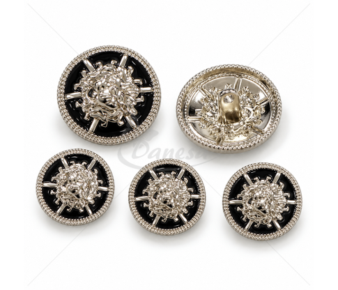 Metal button with lion motif, black / silver colour, 24L / 36L