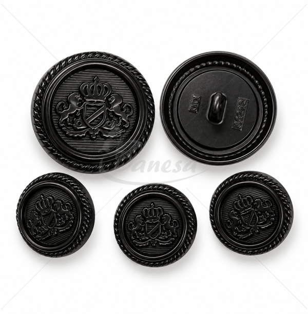 Matte metal button with crown and coat of arms motif, black, 24L / 36L