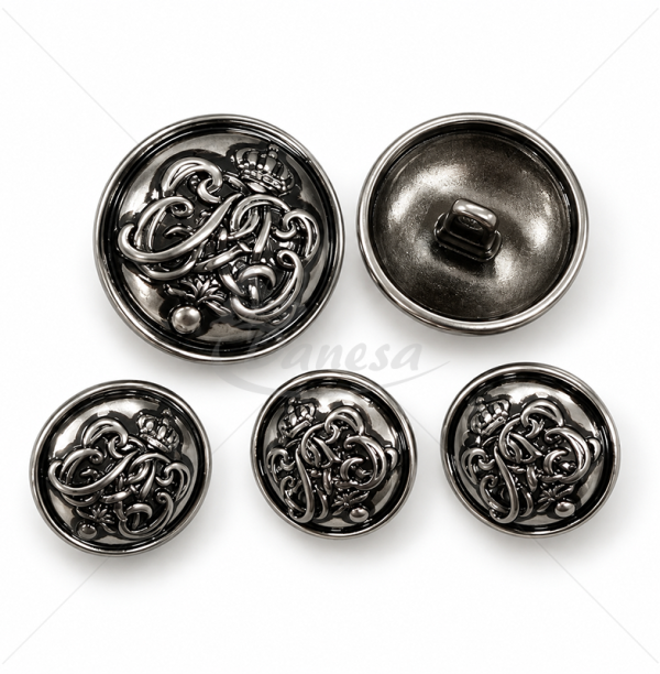Metal button with crown and monogram motif, dark silver colour, 24L / 36L
