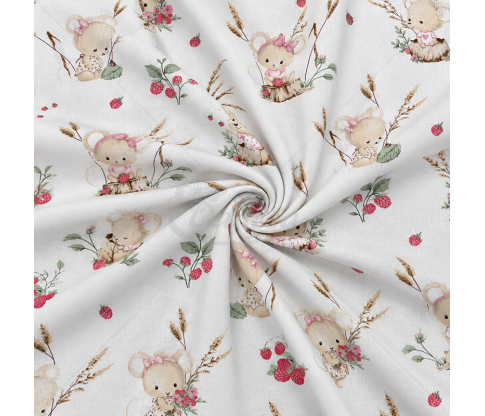 Children's bedding cotton fabric with Mice and Raspberries, White
