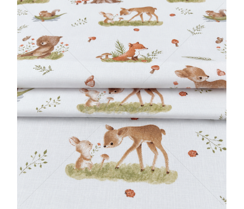 Children's bedding cotton fabric with Woodland Animals, White
