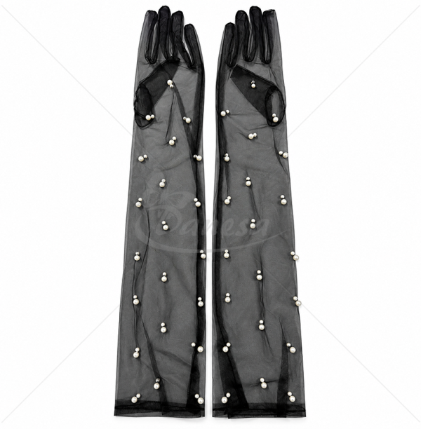 Long Tulle Gloves with Pearls – 55 cm