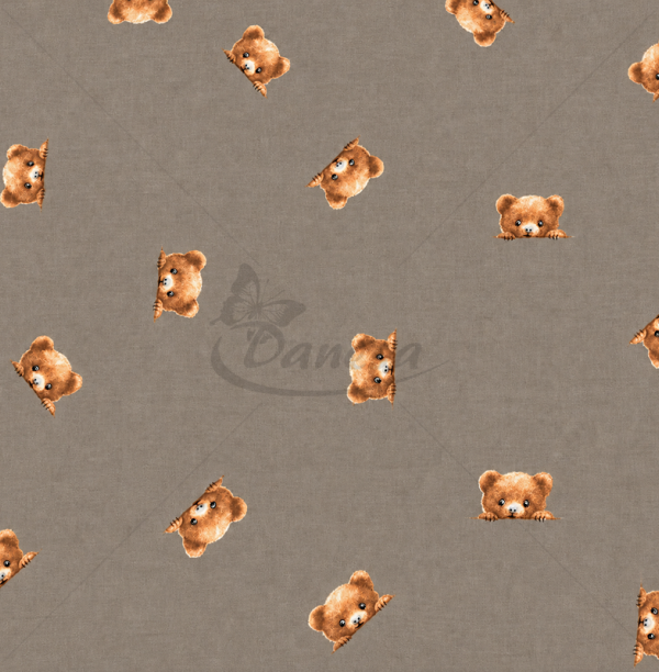 Children's cotton fabric with teddy bears, brown background