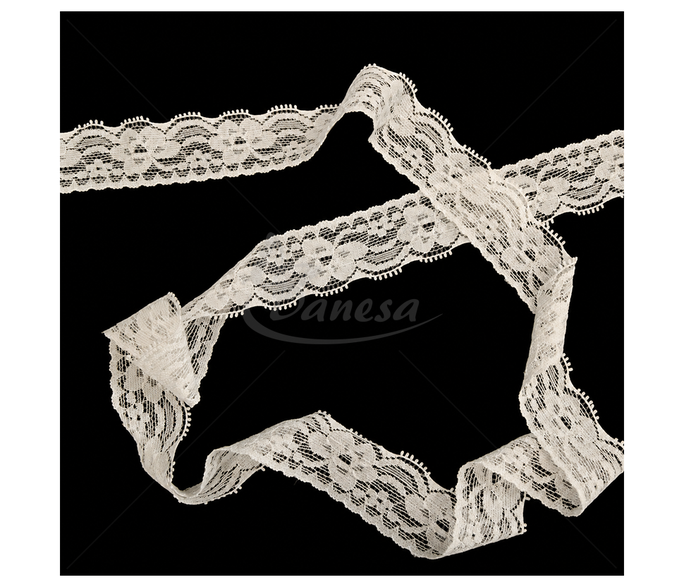Stretchy synthetic lace with a floral pattern, 2.5 cm (snow white and milky white)