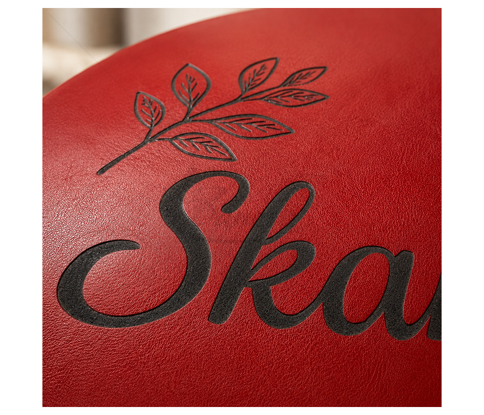 Red genuine leather table placemat “Skanaus!”