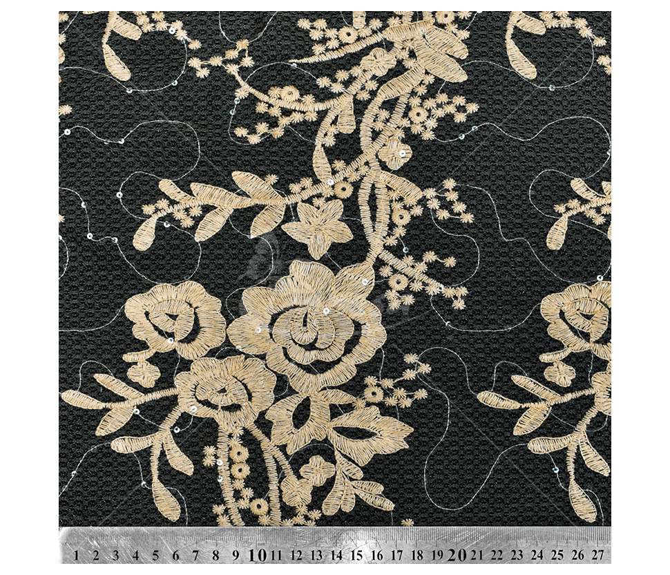Guipure, with a floral pattern and embroidered with sequins, dark sand color