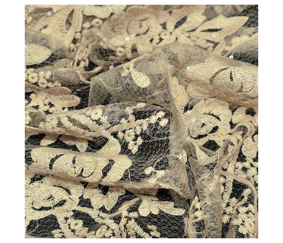 Guipure, with a floral pattern and embroidered with sequins, dark sand color