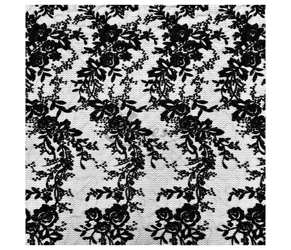Guipure, with a floral pattern and embroidered with sequins, black color