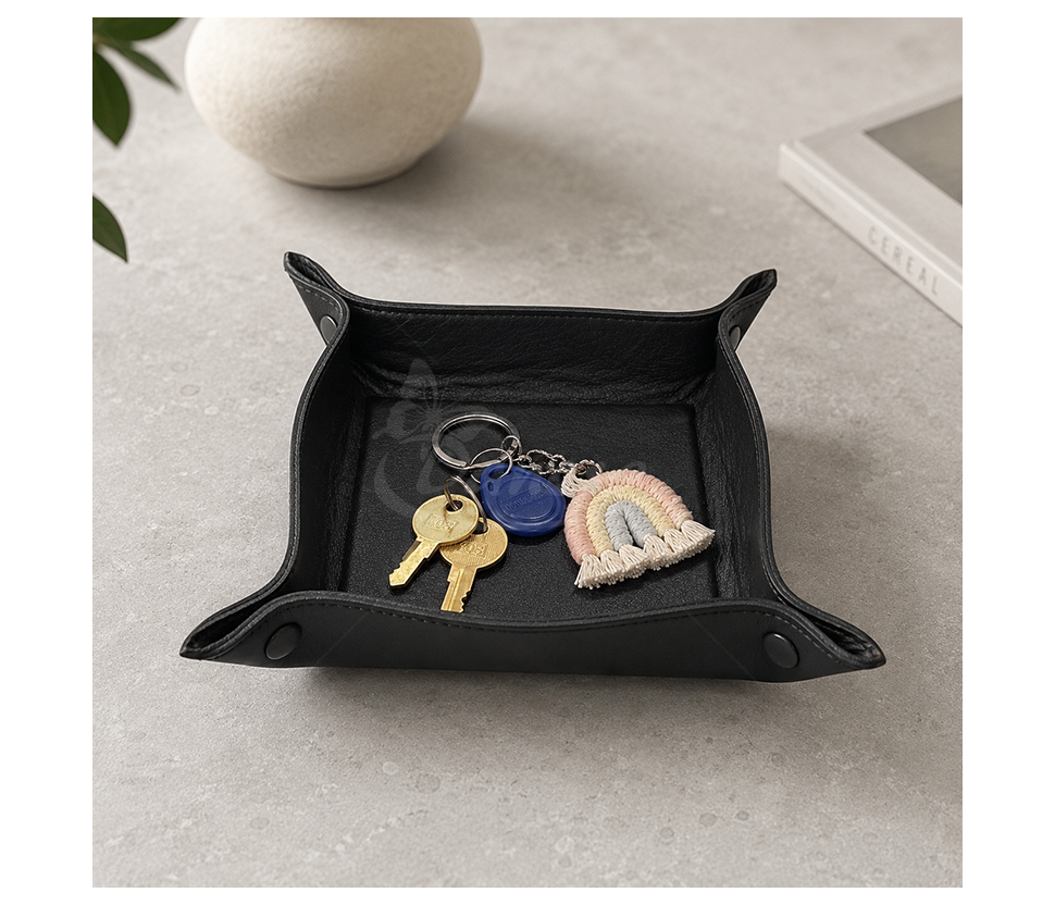 Black genuine leather valet tray for storing small items