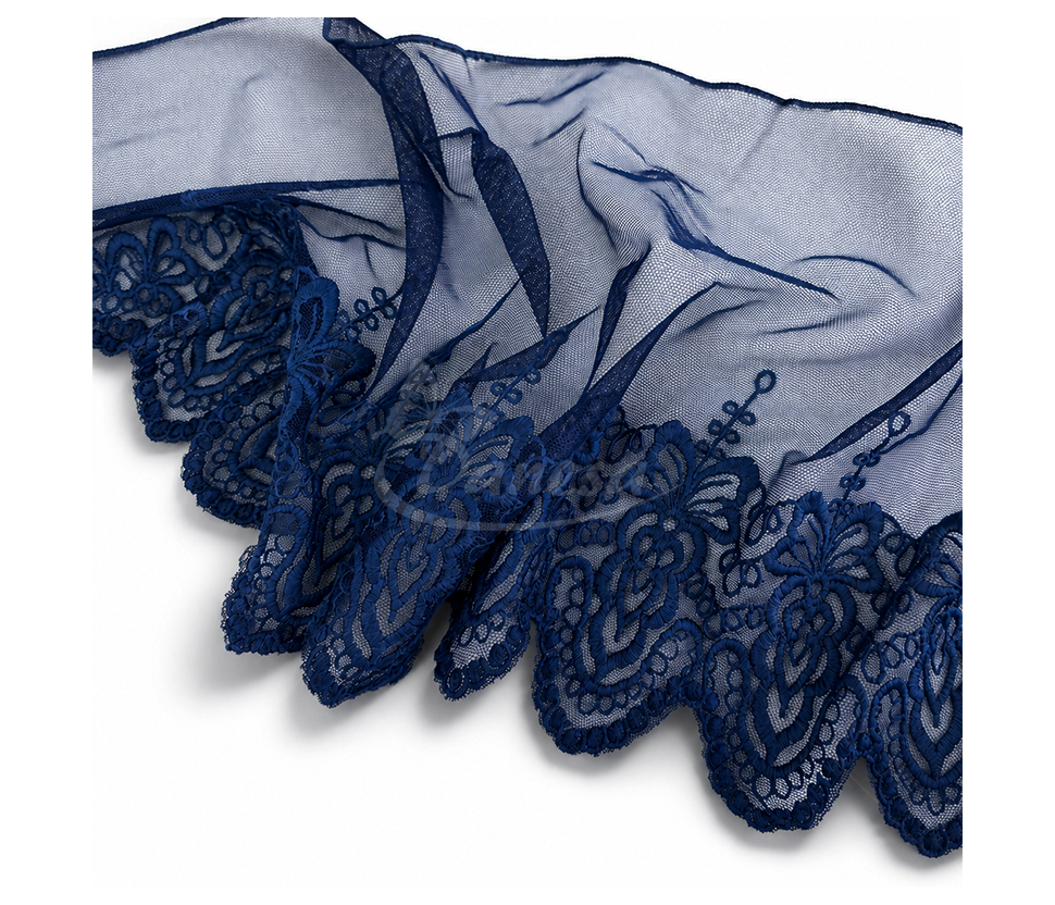 Wide Tulle Lace with Cotton Embroidered Ornamental Pattern, 22 cm