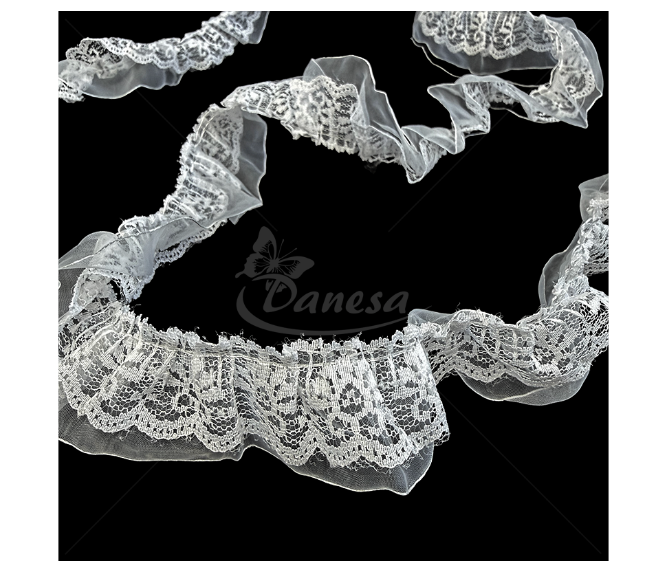 White Decorative Gathered Lace with Tulle Edge, 45 mm