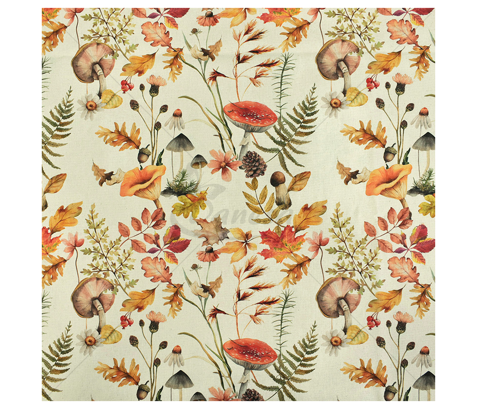 Linen imitation, leaves and mushrooms pattern