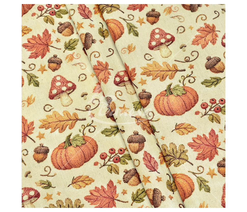 Linen imitation, leaves and pumpkins pattern