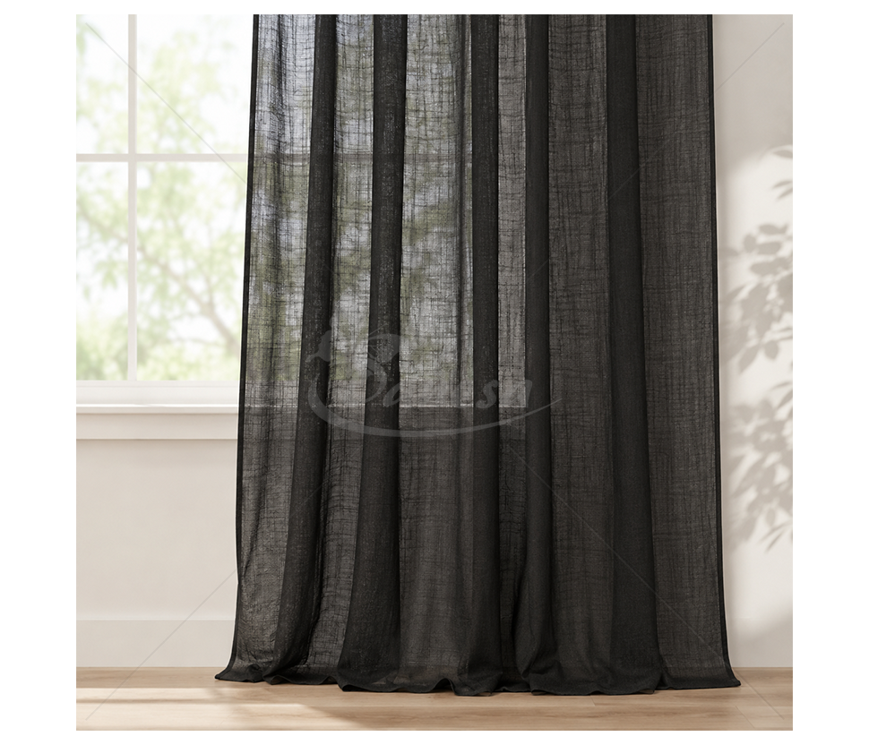 Black Sheer Curtain Fabric with Linen-Look Weave and Weighted Hem, 3.25 m