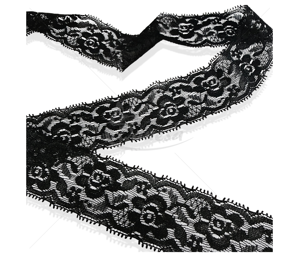Elastic Synthetic Lace Trim with Ornamental Floral Pattern, 42 mm