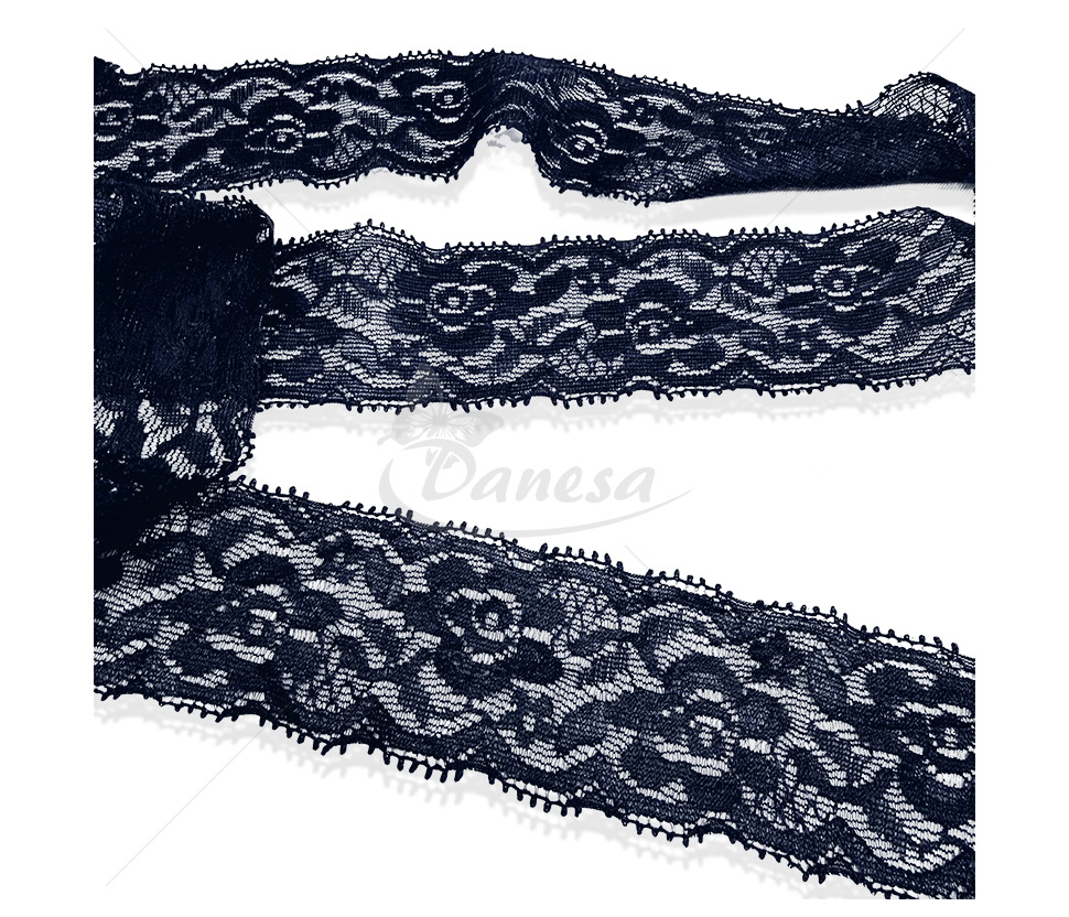 Elastic Synthetic Lace Trim with Ornamental Floral Pattern, 42 mm