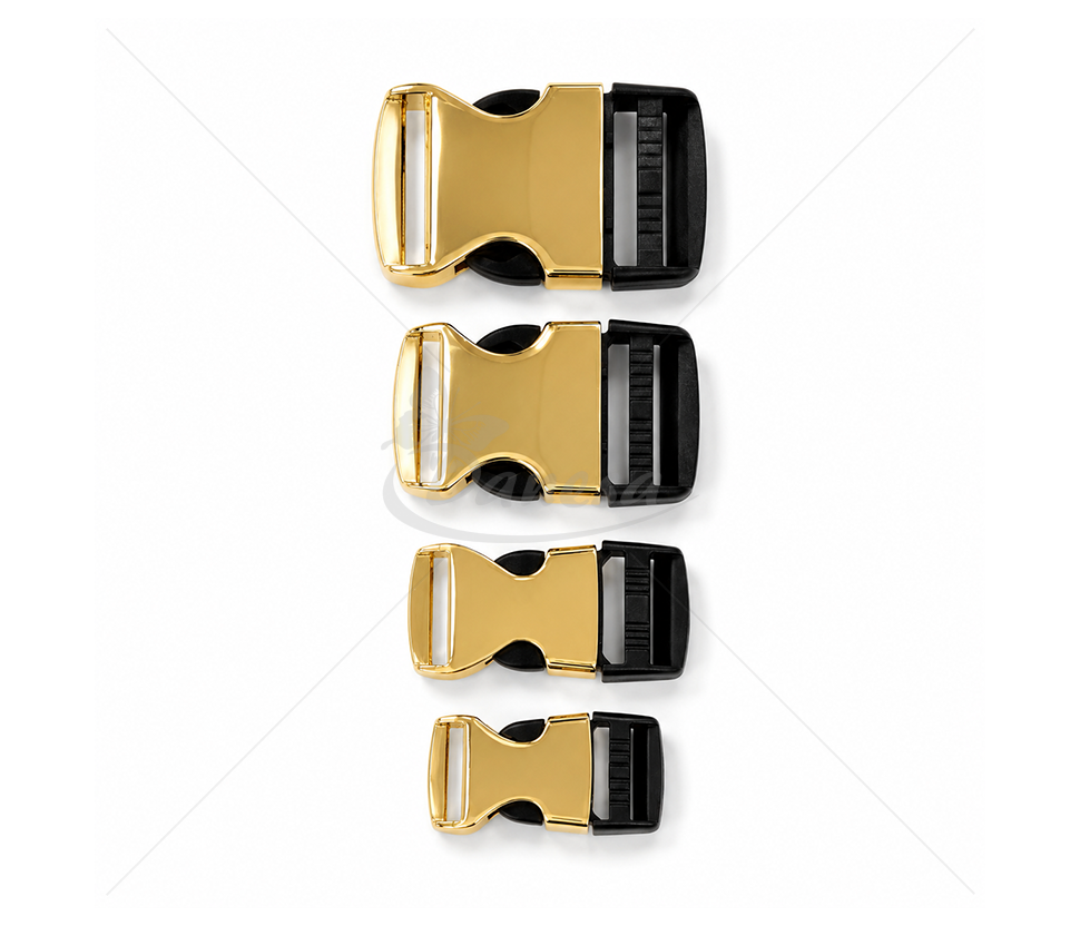 Carabiner / buckle with metal and plastic parts, gold colour