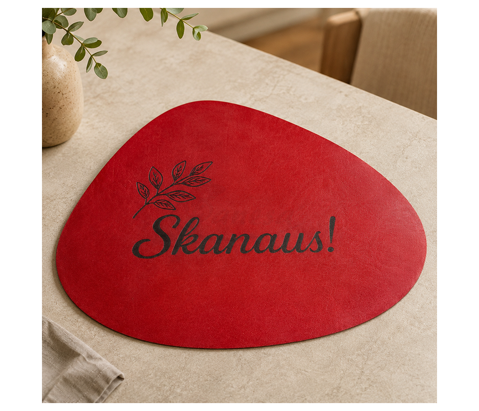 Raudonas natūralios odos padėkliukas stalui „Skanaus!“