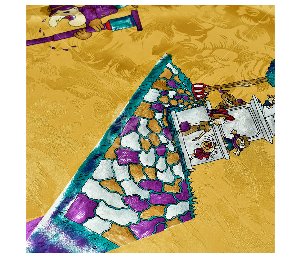 Natūralus šilkas kuponais, įvairus printas, geltona spalva
