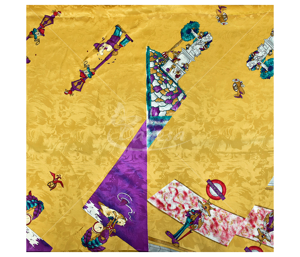 Natural silk in coupons, various print, yellow color
