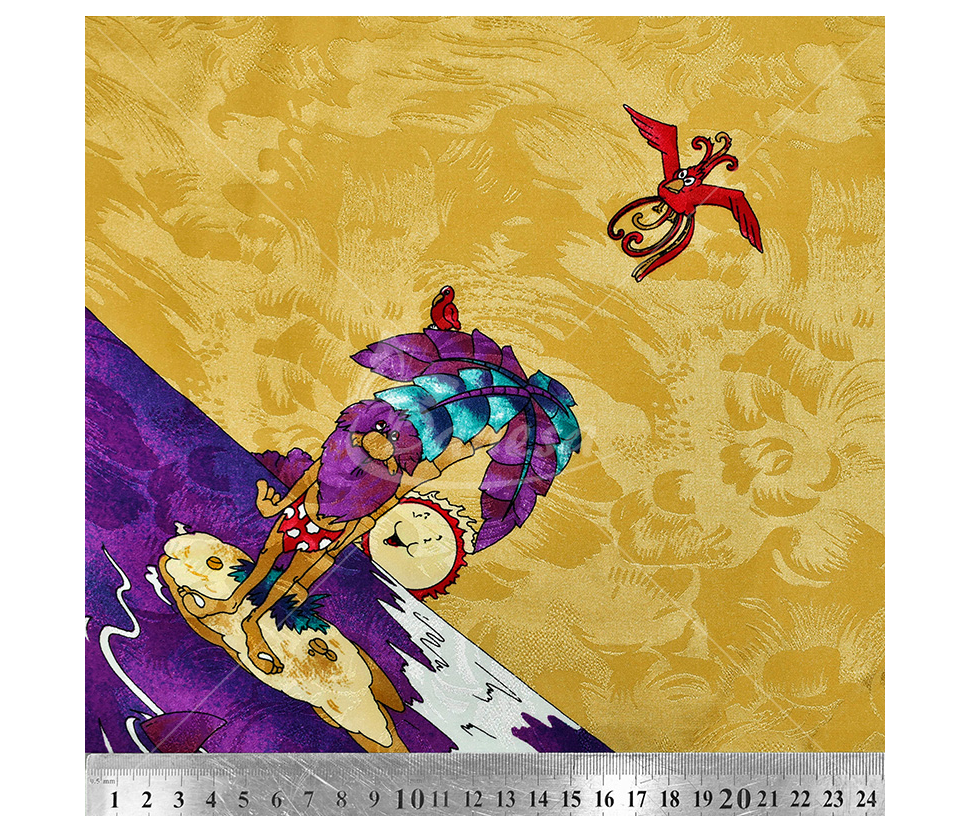 Natural silk in coupons, various print, yellow color