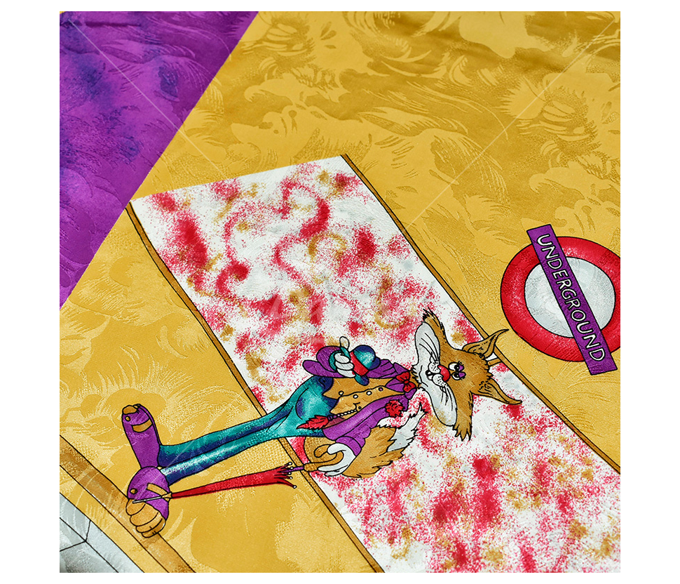Natural silk in coupons, various print, yellow color