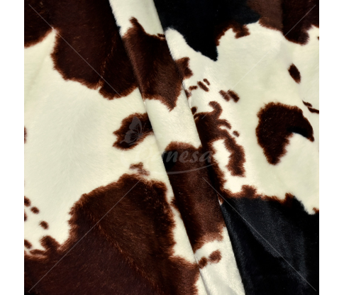 Faux fur, large brown and black spots, pale yellow color