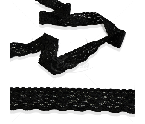Stretch lace trim for sewing with floral pattern and scalloped edge, 25 mm
