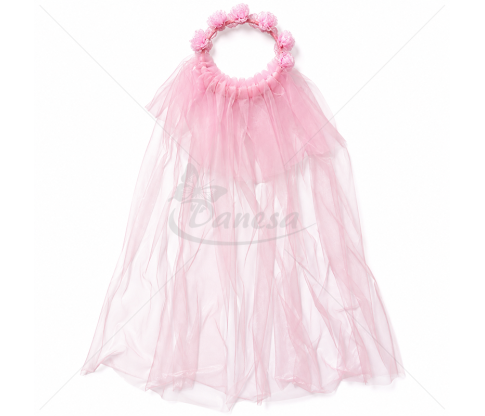Floral Headpiece with Double-Layer Tulle Veil, Pink / White