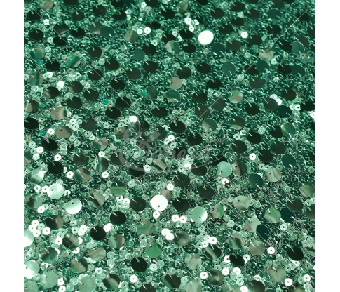 Fabric embroidered different size with sequins, light green color