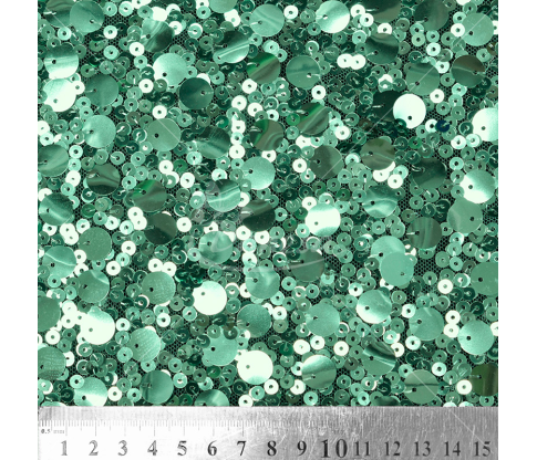 Fabric embroidered different size with sequins, light green color