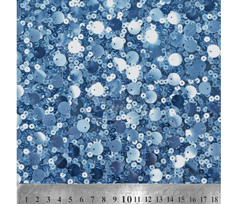 Fabric embroidered different size with sequins, light blue color
