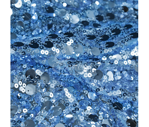 Fabric embroidered different size with sequins, light blue color